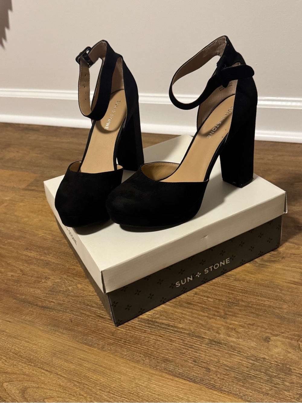 Sun + Stone Black Suede Platform Ankle Strap Heels